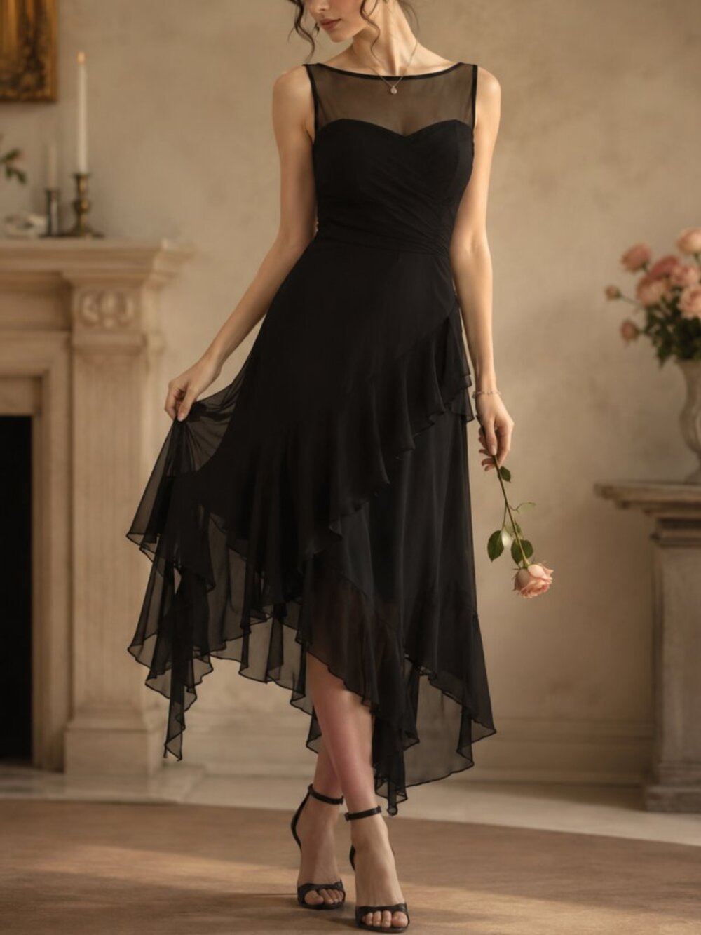 Vintage 90s Black Chiffon Asymmetrical Ruffle Hem Midi Dress 8 Romantic EUC 🖤